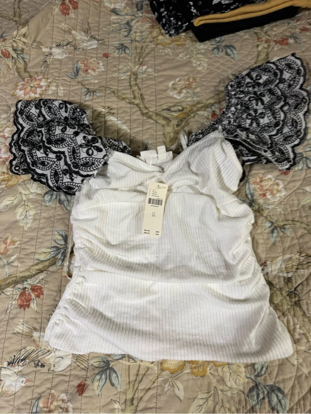 Anthropologie White Ribbed Top with Black Lace Puff Sleeves